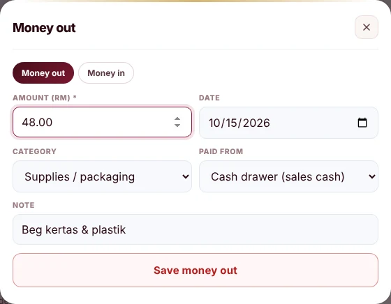 Borang Money out MyShoppe: amaun, tarikh, kategori, dibayar dari laci tunai atau bank, dan nota.