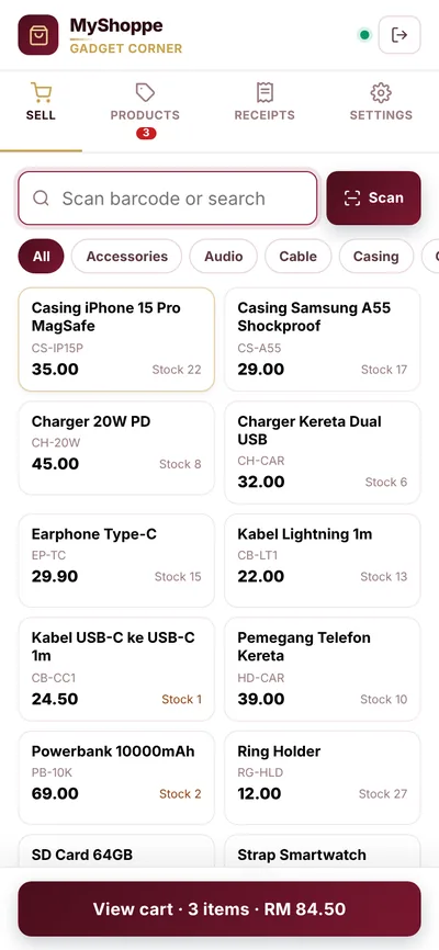 Skrin jualan MyShoppe di telefon dengan troli 3 item berjumlah RM 84.50.